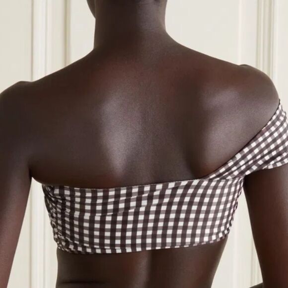 Peony Swim One-Shoulder Gingham Bikini Top Cocoa Brown XL - Picture 8 of 9